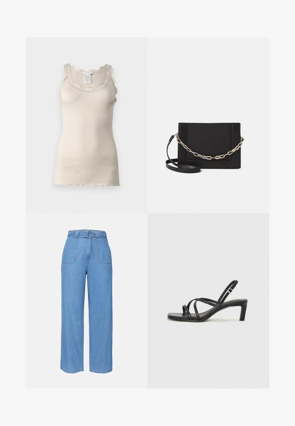 Top bej cu nervuri, fără mâneci, cu dantelă pe de-a lungul decolteului și umerilor, având o textură fină și un design ajustat.; Pantaloni din denim albastru deschis, cu picioare largi, talie cu curea, două buzunare frontale și o textură simplă. Prezintă un design minimalist și linii curate.; Sandal cu barete negre, cu vârf pătrat și toc mic de bloc. Prezintă mai multe barete subțiri și o bareta ajustabilă la gleznă. Fabricat din piele netedă.; Geantă de umăr din piele neagră, cu o textură netedă, formă rectangulară și un detaliu din lanț metalic în față. Include curea reglabilă.