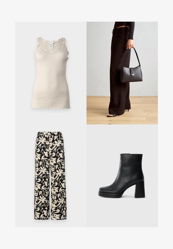 Gestrikte beige tanktop met kantafwerking langs de halslijn en schouders, met een soepele textuur en een fitted ontwerp.; Zwarte wijde broek met een crèmekleurig bloemenpatroon. Gemaakt van lichtgewicht stof, met een zachte textuur en een hoge tailleband.; Zwarte leren enkelboot met een blokhak en platformzool, zijaanzicht op een effen witte achtergrond.; Zwarte handtas met gestructureerde vorm, gladde textuur en een metalen sluiting. Gecombineerd met brede zwarte broeken en sandalen met open teen op een houten vloer.