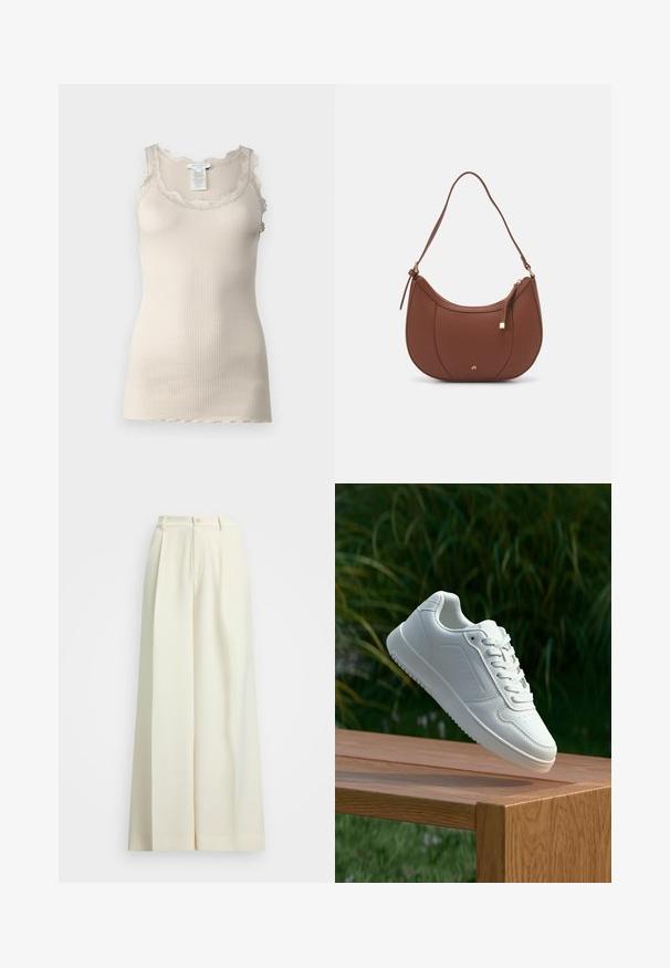 Bež majica na bretele s rebrastom teksturom i čipkastim detaljima oko izreza i ramena, koja se odlikuje glatkom teksturom i prilagođenim dizajnom.; Hlače širokih nogavica u boji slonovače, s visokim strukom, dvostrukim nabranicama i zatvaranjem na dugme. Glatka tekstura i kroj po mjeri.; Bijela tenisica sa glatkim sintetičkim gornjim dijelom, perforiranim prednjim dijelom, ravnim vezicama i teksturiranom potplatom, prikazana na drvenoj površini.; Smeđa torba od umjetne kože s zakrivljenim oblikom, minimalnim šavovima i zlatnim metalnim detaljima. Ima zatvaranje na gornjoj strani sa patentnim zatvaračem i podesivu naramenicu.