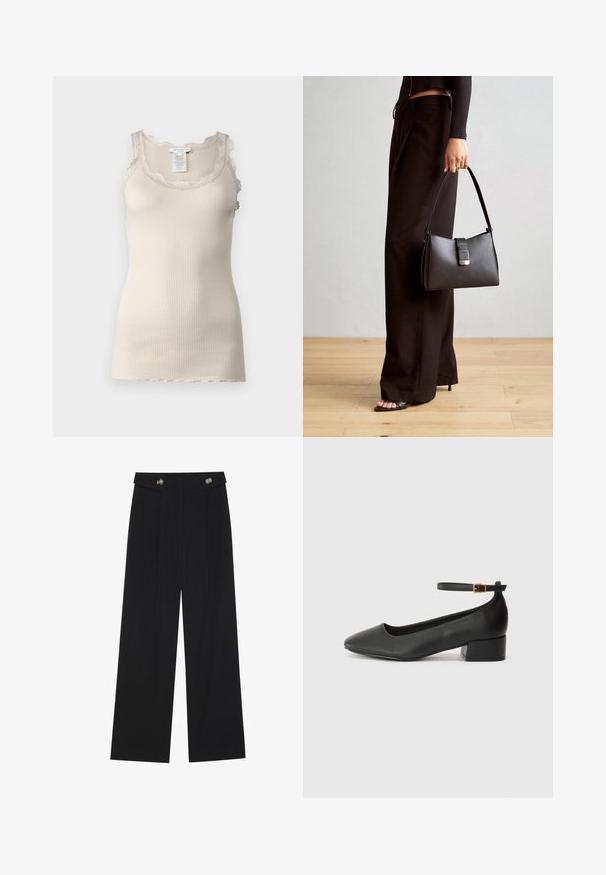 Ribbet beige singlet med blonder langs utskjæringen og skuldrene, med en glatt tekstur og en tettsittende design.; Svart vide bukser med høy midje, knappdetaljer på midjebåndet og frontplisser.; Sorte skinnpumper med spiss tå og lav blokkhelt. Har ankelrem med gullfarget spenne. Glatt tekstur.; Svart håndveske med strukturert form, jevn tekstur og metallisk lås. Kombinert med brede svarte bukser og sandaler med åpen tå på tregulv.