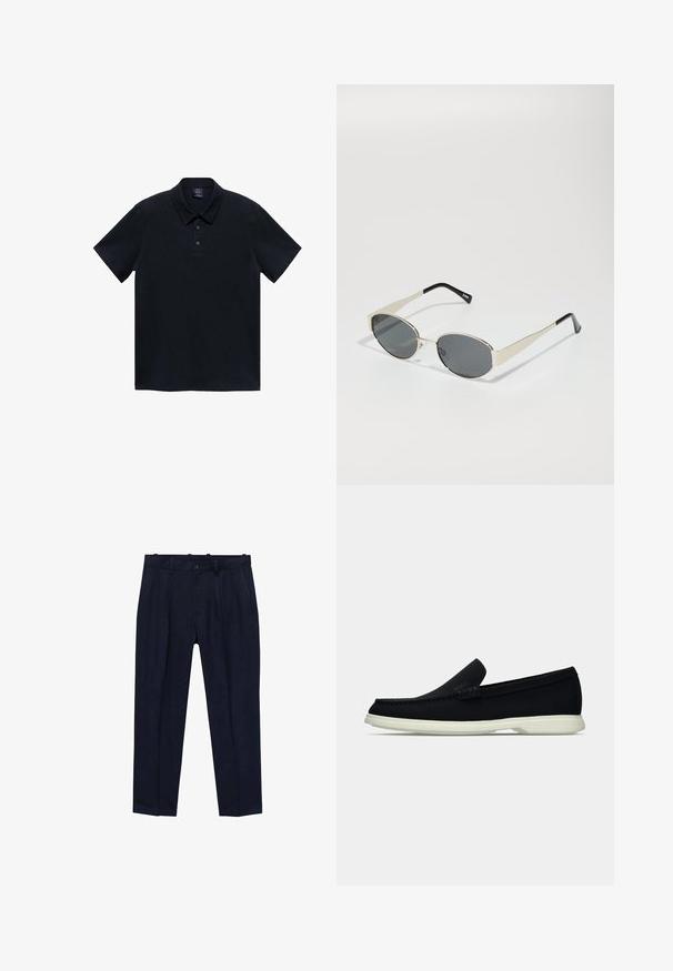 Temno modra polo majica s klasičnim ovratnikom, kratkimi rokavi, zapenjanjem na tri gumbe in gladko, enotno teksturo tkanine.; Modre hlače iz gladkega materiala, ki imajo rahlo krojen kroj, sprednje gube, zanke za pas in enojno zapenjanje na gumb.; Črne slip-on čevlje z zaobljenim nosom, ki imajo strukturirano zgornji del, gladek bel podplat in subtilen logotip na strani.; Sončna očala z ovalnimi sivo-lenskimi lečami, srebrnim kovinskim okvirjem in črnimi poudarki na tempeljih. Očala se ponašajo z elegantnim dizajnom in minimalnimi dodatki.
