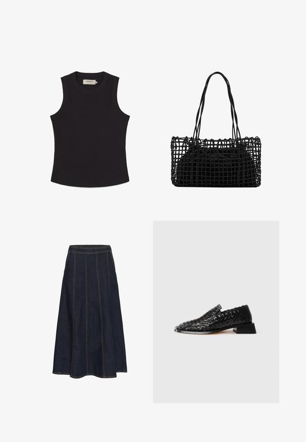 Top senza maniche di colore nero realizzato in materiale a costine con scollatura rotonda e orlo dritto. Presenta un'etichetta all'interno nella parte posteriore.; Gonna a campana in denim scuro con vita alta, cuciture visibili e orlo svasato. Senza tasche né decorazioni.; Scarpa slip-on in pelle nera intrecciata con tacco basso e bordi scallopati, esposta su uno sfondo bianco.; Borsa a tracolla nera intrecciata con un design a rete aperta e due lunghe maniglie. Presenta una borsa interna nera solida per la conservazione.