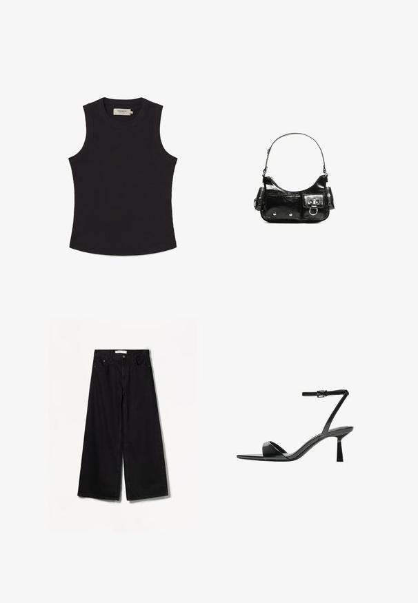 Čierny bezrámikový top vyrobený z ribbovaného materiálu s okrúhlym výstrihom a rovnym lemom. Obsahuje štítok vo vnútri na chrbte.; Bershka WIDE-LEG - Široké nohavice - black; Bershka Sandále na vysokom opätku - black; Čierna laková kožená kabelka s ohnutým tvarom, jedným ramenným popruhom, prednými vreckami a striebornými kovovými doplnkami.