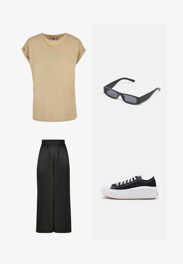 Tricou bej cu mânecă scurtă, guler rotund și mâneci răsucite. Fabricat dintr-un material moale cu o textură netedă, având detalii de cusătură discrete.; Pantaloni negri cu picioare largi, fabricați dintr-un material neted și lucios, cu un elastic la talie și fără buzunare vizibile sau detalii metalice.; Adidași negri din pânză cu șireturi albe, vârf alb din cauciuc și o talpă medie groasă albă. Prezintă cusături subtile albe și o talpă din cauciuc.; Ochelari de soare negri, cu lentile întunecate și rame groase mate. Brațele sunt ușor conice, cu o textură netedă.
