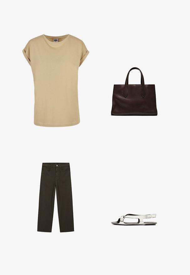 Beige T-shirt met korte mouwen en een ronde hals, met opgerolde mouwen. Gemaakt van een zachte stof met een gladde textuur en subtiele stiksel details.; Donkergroene wijde jeans van een katoenmix, met een sluiting met een voorste knop, vijf zakken en klassieke denimstiksels.; Witte leren sandaal met een platte zool, open teenontwerp en een zijgesp. Heeft uitsparingen langs de zijkanten.; Bruine leren tote bag met twee verlengde handvatten, gestructureerde rechthoekige vorm, gladde textuur en subtiele stiksels.