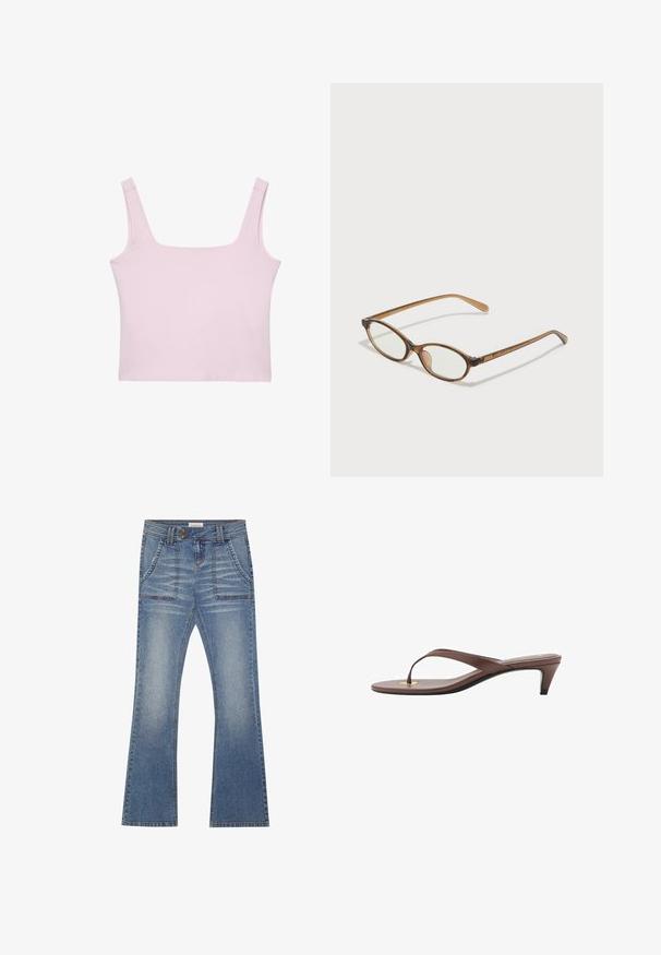 Svetlo roza top brez rokavov s kvadratnim izrezom, debelimi naramnicami in prilegajočim, skrajšanim dizajnom iz mehkega, raztegljivega materiala. Brez vzorcev ali dodatkov.; Even&Odd Kavbojke na zvonec - blue denim; Rjava natikača na peto s tankim trakom in zaobljenim prstom, ki ima majhen zlat poudarek na podplatu.; Rjavo želvovina očala z ovalnimi lečami, tankimi ročaji in prosojnimi detajli. Imajo subtilen logo na templetu. Eleganten, lahek dizajn.