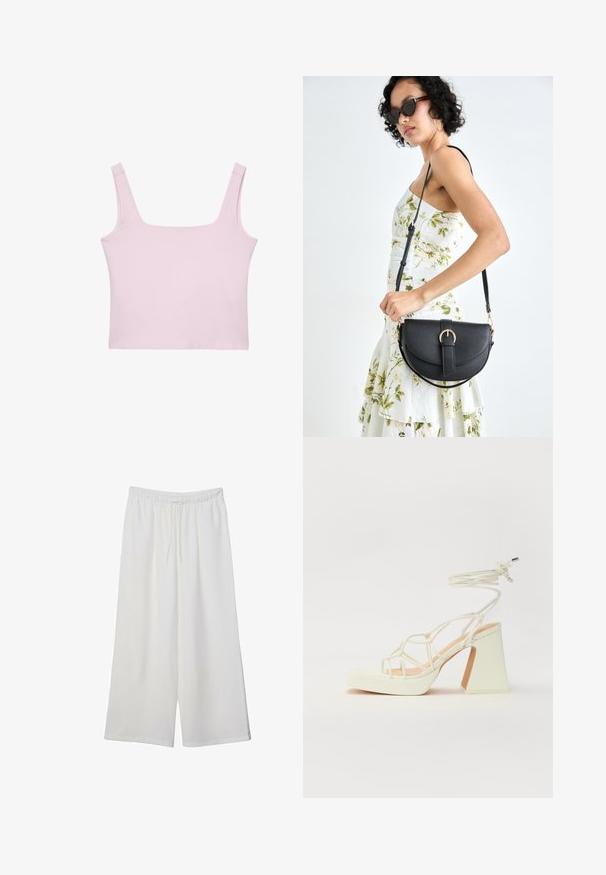 Ljusrosa linne med fyrkantig halsringning, tjocka axelband och en figurnära, kort modell gjord av mjukt, elastiskt tyg. Inga mönster eller detaljer.; Vita vida byxor i lätt tyg med elastisk midja och dragsko för justerbar passform. Mjuk textur.; Vit högklackad sandal med en kraftig klack, med ett remdesign och ankelband. Slät textur med en plattform framtill för ökad höjd.; Svart läderhandväska med en böjd form, avtagbar rem och guldiga detaljer. Väskan har ett lock med en spänndetalj.