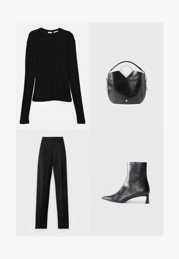 Schwarzes Langarmoberteil aus weichem Stoff, mit rundem Ausschnitt und lässiger Passform, seitlichen Schlitzen am Saum für mehr Bewegungsfreiheit.; Schwarze Hosen aus glattem Stoff mit hoher Taille, weitem Bein, vorderen Falten und klassischen Gürtelschlaufen. Keine sichtbaren Seitentaschen.; Schwarze Lederstiefelette mit spitzer Zehe und schlankem Design. Verfügt über einen niedrigen Absatz und einen Reißverschluss hinten. Glatte Textur.; Schwarze Ledertasche mit geschwungener Form, kreisförmigem oberen Griff und silbernem Logo-Detail. Glatte Textur und auffälliges Ausschnittdesign.