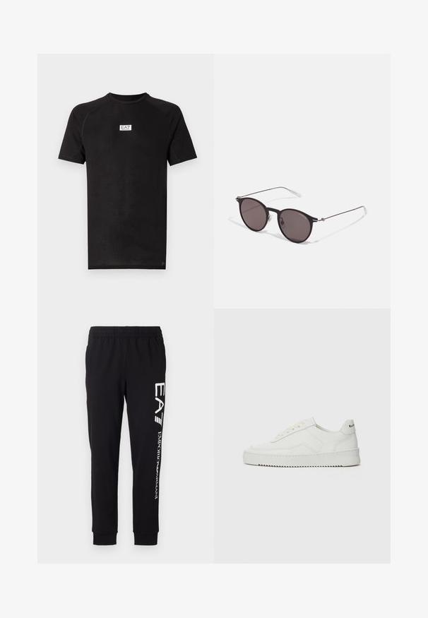 Black short-sleeve t-shirt with a subtle tonal pattern and a small white EA7 logo on the chest. Made from a lightweight, breathable fabric.; Black sweatpants made of stretchy fabric. Features an elastic waistband, tapered cuffs, and white branding on the left leg.; White leather sneaker with a smooth finish, round toe, flat laces, and a textured sole. Features a subtle logo on the heel.; Black round sunglasses with dark lenses and slim metal arms. Includes clear temple tips and silver accents at the hinge. Minimalist design.
