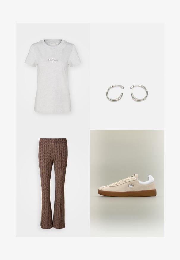 Pelēks kokvilnas T-krekls ar apaļu kakla izgriezumu un īsām piedurknēm. Uz tā redzams "CalvinKleinJeans" logo melnā krāsā ar akcentu "K". Gluda tekstūra.; Brūnas ar rakstu platās bikses ar tekstūrētu dizainu, kurām ir sānu svītras. Elastīga jostasvieta komfortam.; Beige zamšas čības ar baltām akcentiem un gumijas zoli. Ir paaugstināts logo sānos un kontrastējošas beige krāsas šņores. Klasisks dizains.; Sudraba riņķveida auskari ar gludu, noapaļotu dizainu un spīdīgu, pulētu apdari. Raksturīga minimālisma forma ar nelielu atvērumu.