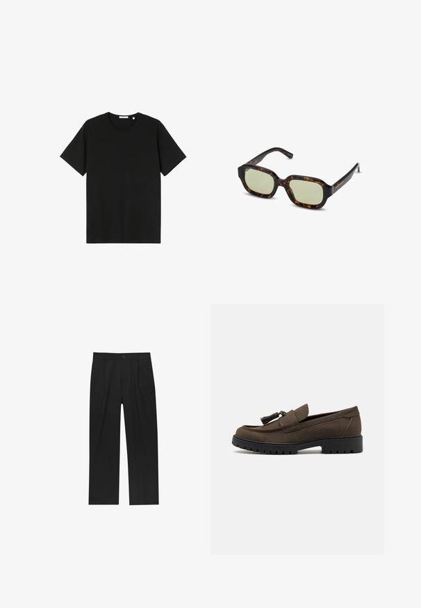 Lyhyet hihavat musta t-paita, joka on valmistettu puuvillasta. Pyöreä kaula-aukko, rento istuvuus, sileä pinta ilman näkyviä kuvioita tai grafiikkaa.; Mustat housut suoranlahkeisella muotoilulla, valmistettu sileästä kankaasta. Ominaisuuksiin kuuluu etupleateet ja yksi nappikiinnitys vyötäröllä.; Ruskeat mokkanahkaiset loafersit, joissa on sileä pinta, pyöreä varvas ja koristeellinen tupsu. Varustettu karkealla mustalla kumipohjalla, joka tarjoaa pidon.; Silmälasit, joissa on tortoise-kuvio ja vihreät objektiivit, suorakulmainen muoto, leveät kehykset ja sileä pinta. Korostukset ohimoilla.