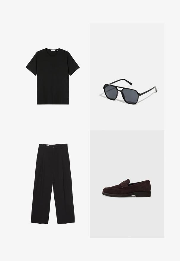 Sort kortærmet t-shirt lavet af bomuld. Rund halsudskæring, afslappet pasform, glat tekstur og ingen synlige mønstre eller grafikker.; Sorte bukser med bred benvidde lavet af glat stof, med flad talje, frontfolder og en enkelt knaplukning.; Brune ruskinds loafers med lav profil og rund tå. Har en dekorativ rem over det øverste, flad gummisål og ingen synlig syning.; Sorte solbriller med oktagonal stel, mørke linser, blank overflade, fine stænger og guldaccenter på forsiden.