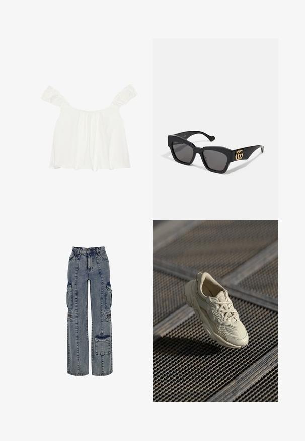 Vit off-shoulder topp med volangärmar, tillverkad av mjukt material. Har samlad detaljering fram och en lös passform.; Ljusblå denim cargobyxor. Har vida ben, flera sidofickor och kontrasterande mörka denimdetaljer. Strukturerad med synliga sömmar.; Beige sneakers med strukturerad tyg, kontrasterande släta inslag, rundad sula och snören, svävande över en rutmönstrad yta.; Svarta rektangulära solglasögon med mörka linser, med en gyllene GG-logotyp på sidan. Tillverkade av glänsande plast med raka glasögonbågar.; Svart syntetisk läderhandväska med en böjd design, dragkedja framficka och dekorativt hårdvara med en avtagbar rund myntpung.