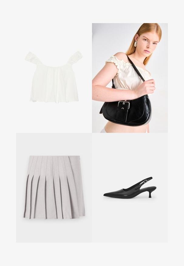 White off-the-shoulder top with ruffled sleeves, made of soft fabric. Features gathered detailing at the front and a loose fit.; Gray pleated skirt with a smooth texture, featuring multiple vertical folds and a fitted waistline. Made from lightweight fabric.; Black leather slingback shoe with a pointed toe and a slim, curved heel. Features a discrete adjustable strap with a metal buckle.; Black leather shoulder bag with a curved shape, polished silver hardware, and a detachable tag. Smooth texture with subtle stitching details.