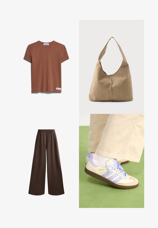 ARMEDANGELS KARDAA - T-Shirt basic - nutshell; Weite Hosen in einem einfarbigen Dunkelbraun, mit einer glatten Textur, hoher Taille und vorderen Falten für zusätzliche Design-Details.; Cremefarbene und lavendelfarbene Sneakers mit drei Streifen und einer strukturierten braunen Sohle, ausgestattet mit Schnürsenkeln und einer gepolsterten Ferse. Obermaterial aus weichem Stoff.; Hobo-Tasche aus weichem beigen Wildleder mit einer lässigen Form, breitem Schulterriemen und einer handgestickten Nahtdetail entlang der Vorderseite.