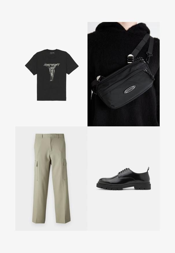 T-shirt de algodão preto com mangas curtas, apresentando uma gráfica frontal de uma estátua e a palavra "REPENT" em letras cinza em negrito.; Calças cargo verde claro com um design de perna reta, apresentando bolsos laterais e uma textura de tecido suave. Visão traseira exibida.; Sapatos de pele preta com atacadores, bico arredondado, textura suave e sola de borracha estriada. Apresentam um pequeno salto e uma alça na parte de tras.; Bolsa crossbody preta em nylon com alça ajustável, apresentando uma textura suave, um bolso frontal com fecho e um detalhe de logotipo.