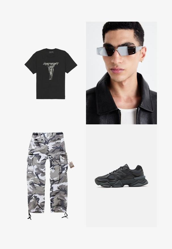 Juodas medvilnės marškinėliai trumpomis rankovėmis, su priekinėje pusėje esančia statulos grafika ir žodžiu "ATGAILA" ryškiu pilku šriftu.; Kamufliažo cargo kelnės pilkos ir baltos spalvų atspalviuose, turinčios kelis kišenes ir raištelį ant kulkšnies, leidžiantį pritaikyti dydį.; Juodas bėgimo batelis, pagamintas iš tinklinės ir sintetinės medžiagos, turintis stambų pado dizainą, kreivą formą ir ryškią prekės ženklą šone.; Kampinis pilkai tonuoti akiniai nuo saulės su sidabrinėmis detalėmis, prieš šviesų foną. Lęšiai turi unikalią geometrinę formą.