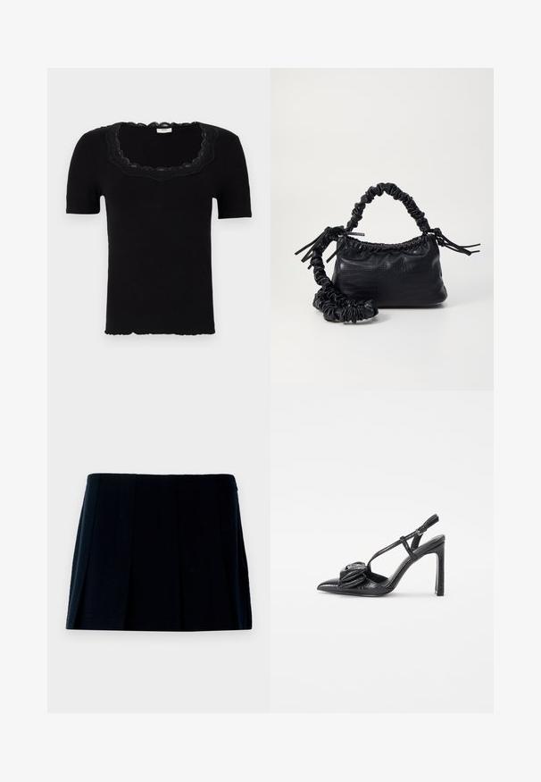 Black short-sleeve t-shirt with a scalloped lace neckline and ribbed texture; fitted shape; hem features a subtle wavy edge.; Black pleated mini skirt made of fabric. Features a straight waistband and multiple vertical folds for shape and texture.; Black high-heeled shoe with a pointed toe, glossy texture, thin straps, and a decorative pleated detail on the front.; Black faux leather handbag with a crocodile texture, cinched top, and a scrunched strap. Appears soft and compact in design.
