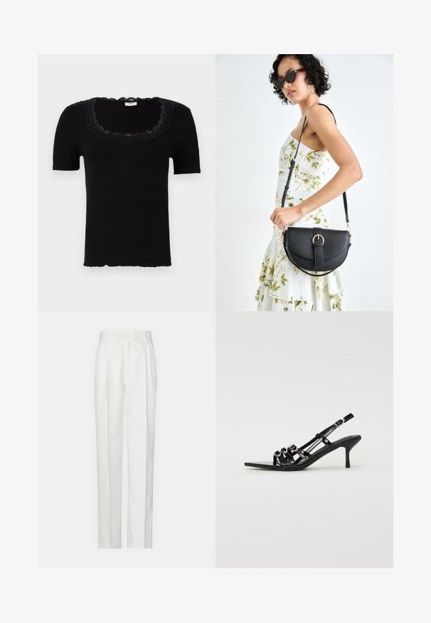 Juoda trumpomis rankovėmis marškinėliai su banguoto nėrinio apykakle ir banguotu paviršiumi; prigludusi forma; apykaklės kraštas turi subtilų banguotą kraštą.; Balti dryžuoti kelnės su tiesiu kojų dizainu, pagamintos iš lengvos medžiagos. Priekyje turi klostes ir tradicinį juosmenį.; Juodi slingback aukšti kulniukai su smailiu padu, su daugybe siaurų dirželių ir apvalių akcentų priekyje.; Juodas odinis krepšys su išlenkta forma, nuimamu dirželiu ir auksiniais detalėmis. Krepšys turi kilpą su sagtimi.