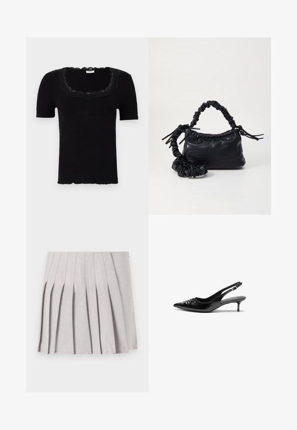 Fekete, rövid ujjú póló, fodros csipke dekoltázzsal és bordázott textúrával; testhez simuló fazon; a szegély finom hullámos éllel rendelkezik.; Szürke pliszírozott szoknya sima textúrával, több függőleges redővel és testre simuló derékkal. Könnyű anyagból készült.; Fekete bőrből készült, pántos magassarkú cipő hegyes orral, alacsony cicás sarokkal, és fodros részlettel a lábfején. Simább felület és minimalista design.; Fekete műbőr kézi táska krokodil bőr textúrával, összehúzható tetejű és gyűrt pánttal. Lágy és kompakt dizájnúnak tűnik.