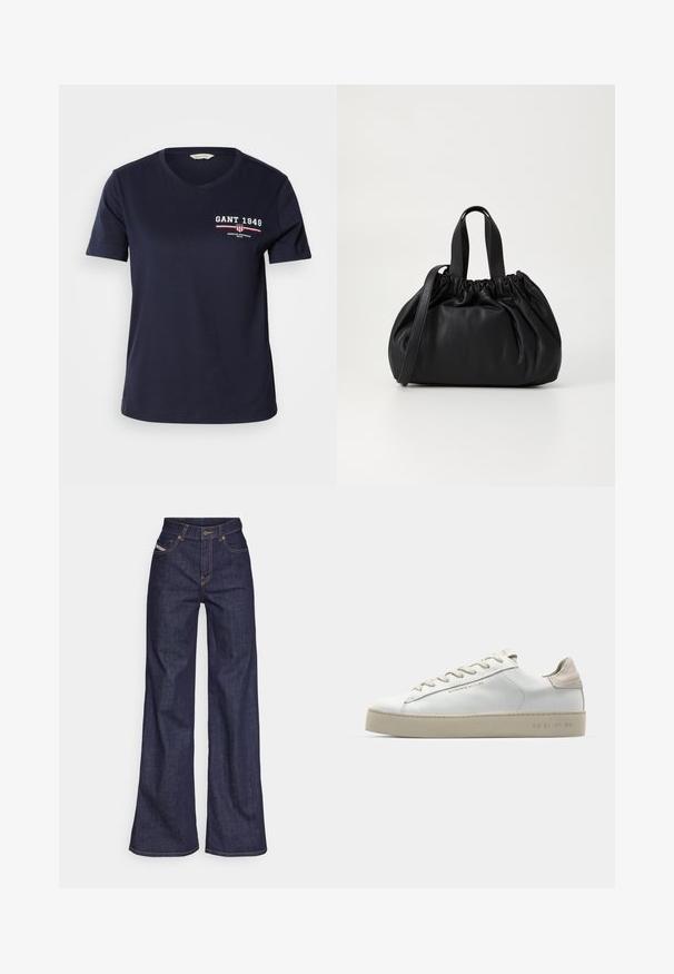 Granatowa bawełniana koszulka z dekoltem w serek i krótkimi rękawami, z białym i czerwonym napisem logo "GANT 1949" oraz akcentami wzorniczymi po lewej stronie klatki piersiowej.; Ciemnoniebieskie dżinsy szerokie w nogawkach wykonane z denimu, z wysokim stanem, z pomarańczowymi przeszyciami, pięcioma kieszeniami i zapięciem na guzik.; Białe skórzane sneakersy o gładkim wykończeniu, beżowe zamszowe akcenty, okrągły czubek, płaski system wiązania i teksturowana gumowa podeszwa.; Czarna skórzana torebka z zebranym wykończeniem, z dwoma krótkimi uchwytami i długim regulowanym paskiem. Gładka tekstura, zaokrąglony kształt.