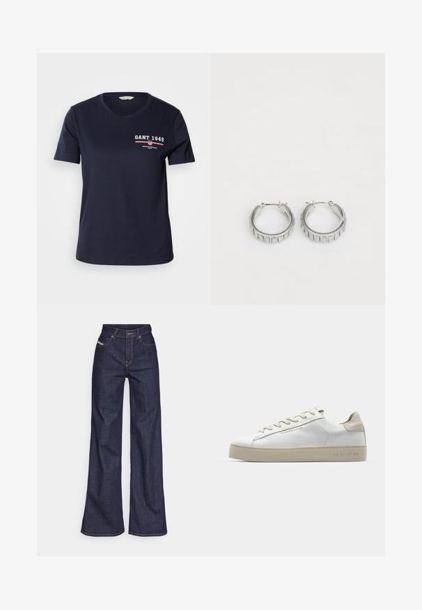 T-shirt de algodão azul marinho com decote em V e mangas curtas, apresentando texto de logótipo branco e vermelho "GANT 1949" e detalhes de design no lado esquerdo do peito.; Jeans de perna larga azul escuro em tecido de denim com alta cintura, apresentando costura laranja, design de cinco bolsos e fecho de botão.; Sapatilha de couro branca com um acabamento suave, detalhes em camurça bege, bico redondo, design de atacador plano e sola de borracha texturizada.; Brincos em argola prateados com um design texturizado que apresenta sulcos verticais. Forma circular com um fecho de segurança. Acabamento suave.