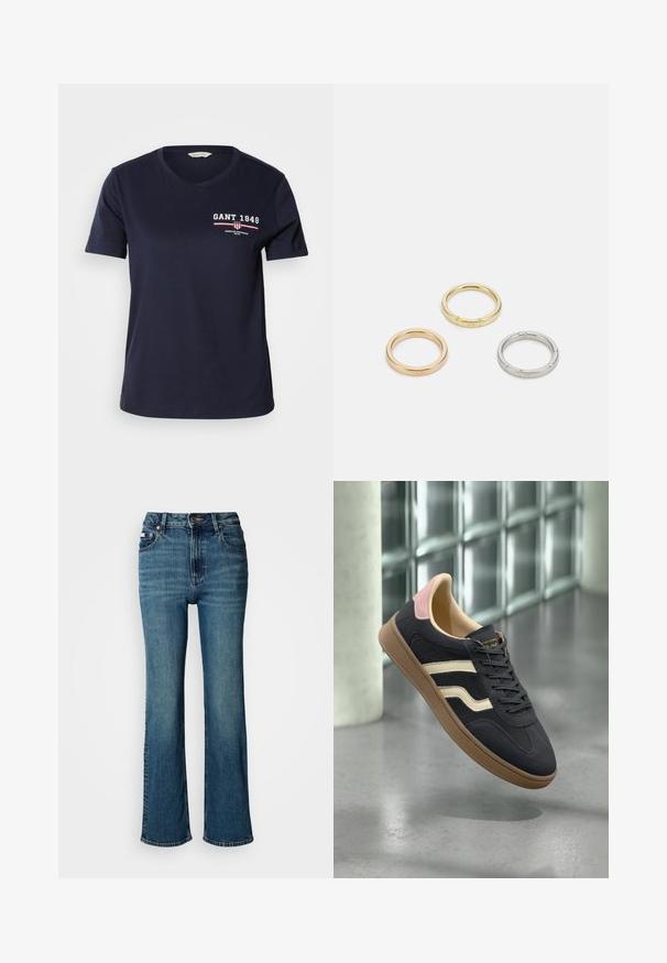 Tumed sinine puuvillane T-särk V-kaelusega, lühikeste varrukatega, millel on vasakul rinnal valge ja punane logo tekst "GANT 1949" ning disainidetailid.; Kõrge vöökohaga sinised teksad, mis on valmistatud denimist, sirge jalaga disain, kerge pleekimine ning tavaline nööp ja tõmblukk.; Mere mustsneakerid kreemjate triipudega, roosa aktsendiga kannal ja tekstureeritud pruunist kummist tallaga. Klassikaline madal disain.; Kolme metallist rõngast: üks roosa kuld, üks kuld tekstuursete aktsentidega ja üks hõbe, kõik sisepoolt graveeritud brändinguga.