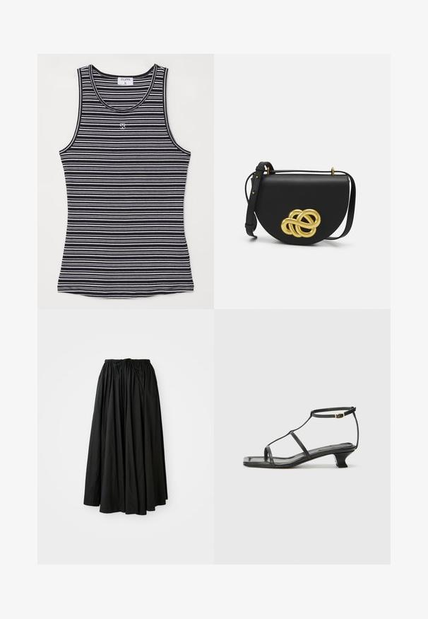 Camiseta de tirantes a rayas blancas y negras hecha de una tela suave, con un escote redondo y un pequeño logo en el centro del frente.; Falda negra de longitud hasta el tobillo hecha de tejido ligero. Presenta una cintura fruncida con cordón para un ajuste ajustable y una silueta acampanada.; Sandal de cuero negro con punta cuadrada, correas delgadas, correa ajustable en el tobillo y un tacón bajo. Presenta un pequeño detalle dorado en la correa.; Bolso de mano de cuero negro con forma redondeada, que presenta un gran nudo decorativo dorado en la parte frontal y una correa ajustable.