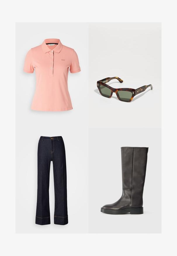 Világos rózsaszín pólóing, pamutból készült, klasszikus gallérral, három gombos nyitással és hímzett logóval a mellrészen. Rövid ujjú.; Sötét farmer széles lábú nadrág magas derékkal, elülső gombzárral és narancs varrású díszítéssel. Simává tengej átfogás.; Fekete, térd felett érő bőr csizma vastag talppal és diszkrét Calvin Klein logóval a felső széle közelében, oldalnézetből bemutatva.; Állatmintás napszemüveg, téglalap alakú zöld lencsékkel. Vastag keret arany díszítéssel a templomokon. Simaság és szögletes forma jellemzi.