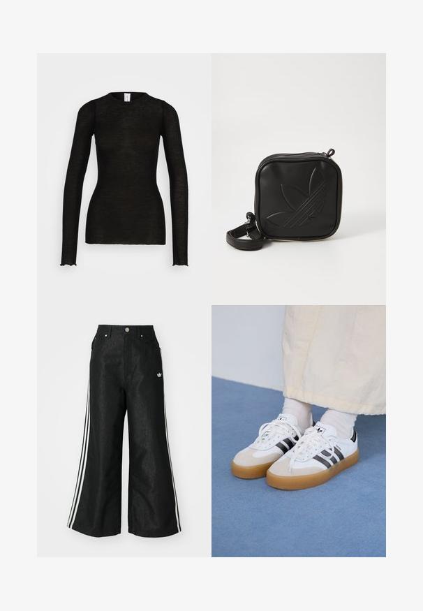 Samsøe Samsøe DOUDO - Long sleeved top - black; Black wide-leg denim pants with three white stripe accents on each side and a small white logo. Features front pockets and a button closure.; White sneakers with black stripes and beige suede accents. Feature a textured gum sole and flat white laces, worn with light-colored socks.; Black square crossbody bag made of textured synthetic material. Features an embossed logo design and adjustable strap. Zipper closure.