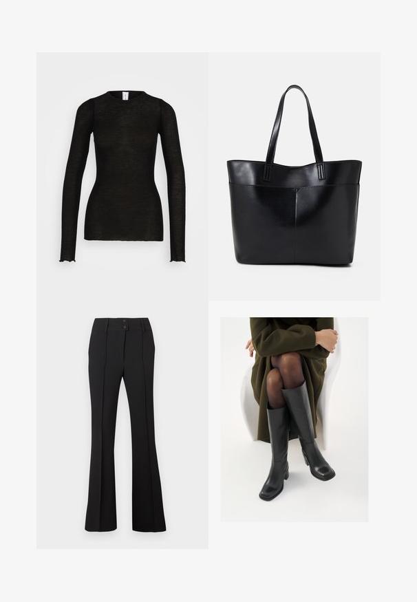 Samsøe Samsøe DOUDO - Topper langermet - black; Sorte bukser med vide ben og to frontknapper, laget av et glatt og strukturert stoff, med vertikale sømmer for et skreddersydd utseende.; Knæhøye sorte lærstøvler med firkantet tå og blokkhelt, vist med en modell som sitter iført en olivengrønn kåpe. Glatt tekstur, minimal detaljering.; Svart lær toteveske med to lange håndtak, en glatt tekstur og en strukturert form. Har en frontlomme for ekstra oppbevaring.