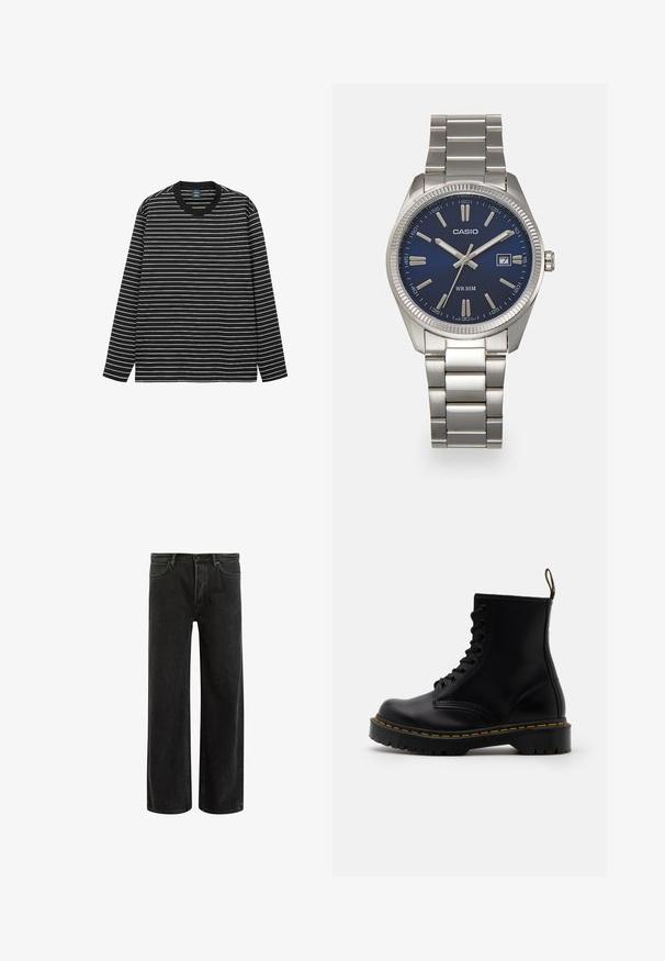 Zwart-witte gestreepte t-shirt met lange mouwen, gemaakt van zachte katoen. Heeft een ronde hals en een contrasterende zwarte ribbelkraag.; Zwarte denims met wijde benen en een hoge taille, met een klassiek vijf zakken ontwerp en subtiele vervaging voor een textuur uitstraling.; Zwarte leren enkelboots met een vetersluiting aan de voorkant, gele stiksels, een ronde neus en een dikke, gestructureerde rubberen zool.; Zilveren roestvrijstalen horloge met een marineblauwe wijzerplaat, metalen uurmarkeringen en een datumnis op 3 uur. Waterbestendig tot 50 meter.