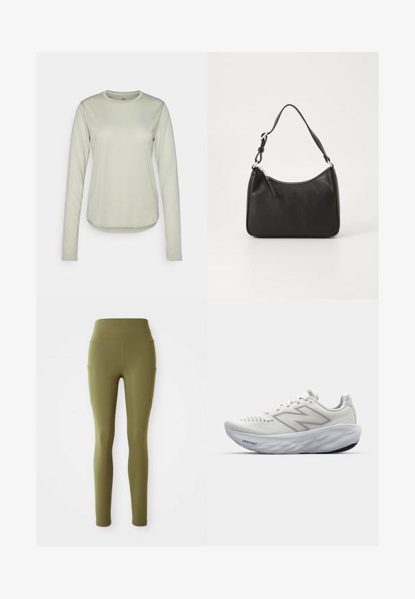 Camisa de manga longa de cor verde clara, feita de um tecido texturizado, com um decote redondo e um pequeno logótipo na área do peito esquerdo.; Leggings de cintura alta verde-oliva com bolsos laterais e detalhes em costura, exibidos de forma plana contra um fundo branco.; Ténis atléticos brancos com parte superior em malha, apresentando um colarinho acolchoado, sola texturizada e a marcação "Fresh Foam" na entressola.; Mala de mão em couro preto com formato curvo, uma alça, fecho em zip e uma marcação discreta na frente. Textura suave, design minimalista.