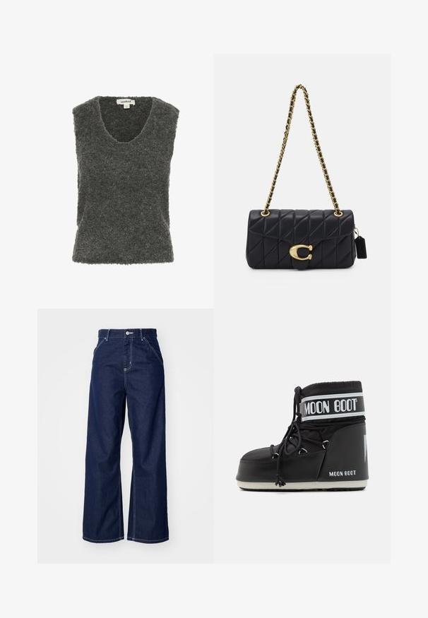 Grijs gebreid mouwloos topje met een diepe V-hals, gestructureerde oppervlakte en een losse pasvorm, met een label aan de binnenkant van de halslijn.; Wijd-uitlopende jeans in donkerblauwe denim, met een hoge taille, contrasterende witte stiksels en een traditionele vijf-pocket ontwerp.; Zwarte Moon Boot met een gevoerde bovenkant, bevestigd met veters en een kenmerkende witte band met het logo. Dikke, gestructureerde rubberen zool.; Zwarte, gequiltte handtas met een gouden kettingband, uitgerust met een onderscheidende gouden sluiting en een klein label, die een gestructureerde leren oppervlakte toont.