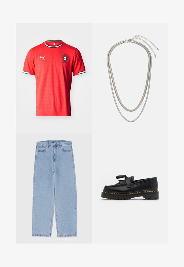 Raudona futbolo marškinėliai, pagaminti iš tekstūruoto audinio, su Portugalijos emblemą ant krūtinės, balto ir žalio dryžuoto apykaklės ir Puma logotipu.; Šviesiai mėlyni džinsai su tiesiomis kojomis, turintys vidutinio aukščio juosmenį, penkias kišenes ir mygtuko bei užtrauktuko uždarymą.; Juodas odinis loaferis su kutais, turintis masyvų juodą pado ir geltonus siūlus palei kraštą. Textūruota danga.; Trijų sluoksnių sidabrinė metalinė apyrankė, kuri pasižymi stilingomis, lankstosiomis grandinėlėmis su švelniu blizgesiu, užsegama krabų užsegimu ir reguliuojama grandinė.