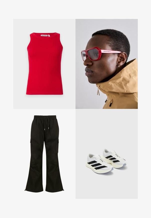 Czerwony prążkowany top na ramiączkach z okrągłym dekoltem i szerokimi ramiączkami. Miękka tkanina z dopasowanym krojem. Metka marki widoczna wewnątrz dekoltu.; Czarne spodnie cargo o szerokim kroju, z elastycznym pasem, regulowanym sznurkiem i bocznymi kieszeniami. Wykonane z gładkiego, trwałego materiału.; Białe buty sportowe z czarnymi paskami i logo, z siateczkową cholewką, zaokrąglonym noskiem i grubą kremową podeszwą dla amortyzacji.; Czerwone kanciate okulary przeciwsłoneczne z grubą oprawką i przyciemnionymi soczewkami. Prezentowane na modelu noszącym beżową kurtkę zapinaną na zamek z wysokim kołnierzem.