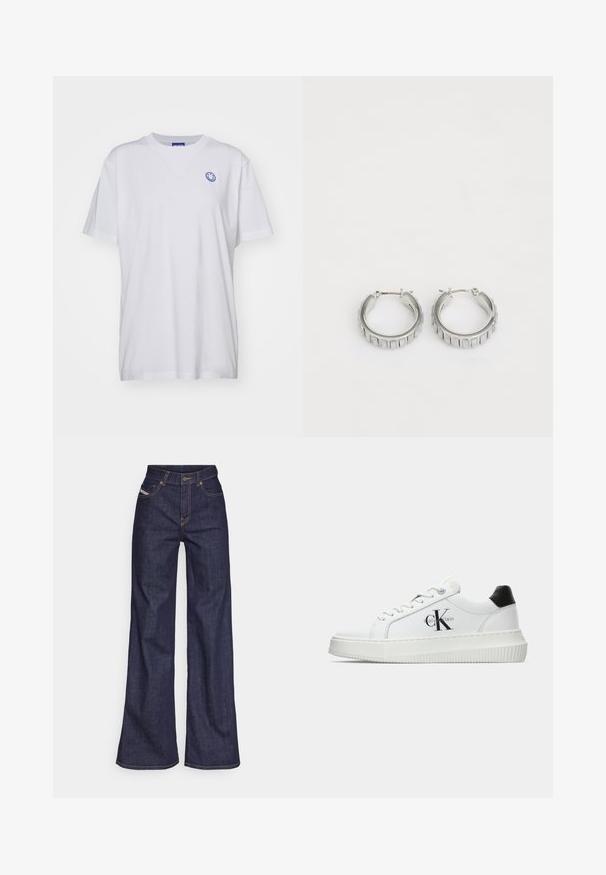 Bílý bavlněný tričko s krátkými rukávy, kulatým výstřihem a modrou úsměvavou tváří na levé hrudi. Hladká látka bez vzorů.; Tmavě modré džíny s širokým střihem vyrobené z denimové tkaniny, s vysokým pasem, oranžovým prošíváním, pěti kapsami a zapínáním na knoflík.; Bílé nízké tenisky s černým patním tabem, platformovou podrážkou, tkaničkami a logem Calvin Klein "CK" na boku.; Stříbrné kruhové náušnice s texturovaným designem a vertikálními drážkami. Kulatý tvar s pevným uzávěrem. Hladký povrch.