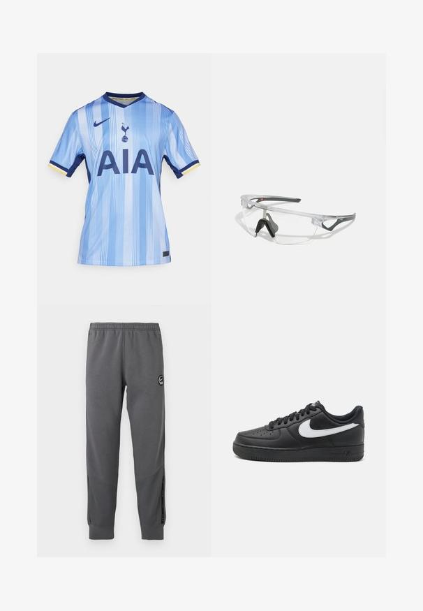 Gaiši zila futbola krekls, kas izgatavots no gludas auduma, ar vertikālām svītrām, tumši zilas krāsas apkakli un "AIA" treknām tumši zilām burtiem.; Pelēki treniņbikses, kas izgatavotas no mīksta materiāla, ar elastīgu jostu, sašaurinātām kājām, sānu paneļiem un apļa logotipa uzšuvi.; Melni Nike Air Force 1 kedai ar gludu ādas virsu, balti logotipa akcenti, perforētu purngals un teksturēta gumijas zole.; Skidras aizsargbrilles ar vieglu, caurspīdīgu rāmi un pelēkiem akcentiem. Iespējas ietver apvērsto dizainu un regulējamu deguna atbalstu.