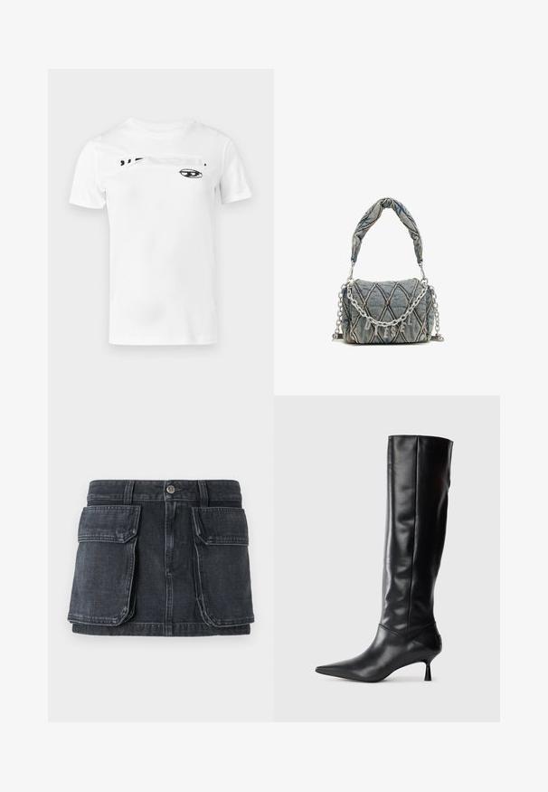Valge puuvillane t-särk, mille rinnal on must trükitud graafika, abstraktse silma kujutise ja julge tekstielemendiga. Lühikesed varrukad.; Must mustri seelik, millel on vormitud vöökoht, nööbid, kaks suuri esikot ja kontrastne õmblusdetail.; Must musta kõrge saabas terava ninaga ja sihvakate kaartega kontsadega. Sile tekstuur, keha vastav disain ja nähtava riistvarata või mustriteta.; Denimist käekott, millel on tikandimuster, sinine värv, lühike põimitud käepide ja hõbedane kett, millel on metallist bränditekst.