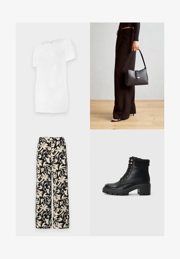Vit t-shirt med kort ärm som har ett strukturerat diamantmönster och rund halsringning, tillverkad av lättviktsmaterial.; Svarta vida byxor med ett krämfärgat blommönster. Tillverkade av lättviktig tyg med en slät yta och hög midja.; Svart läderankelboot med en strukturerad stickad krage, guldfärgade detaljer och en kraftig gummisula med ett mönstrat mönster.; Svart handväska med strukturerad form, slät yta och metallspänne. Matchad med vida svarta byxor och sandaler med öppen tå på trägolv.