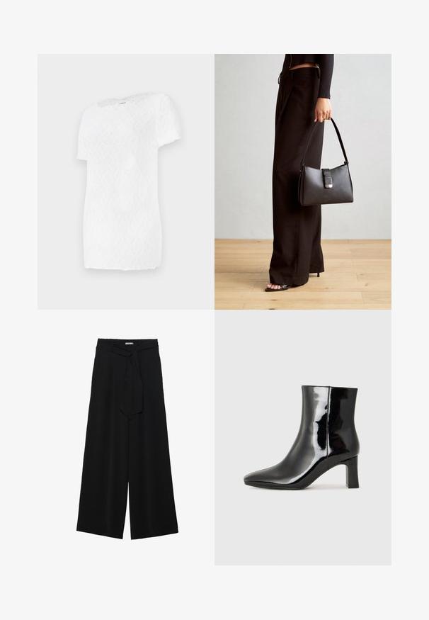 Hvit kortermet t-skjorte med en teksturert diamantmønster og rund hals, laget av lett stoff.; Svart vide bukser med teksturert stoff, elastisk midje og avtagbart belte som gir justerbar passform.; Sorte patentlær ankle boot med spiss tå og en mellomhøy blokkhelt. Glatt tekstur og minimalistisk design.; Svart håndveske med strukturert form, jevn tekstur og metallisk lås. Kombinert med brede svarte bukser og sandaler med åpen tå på tregulv.