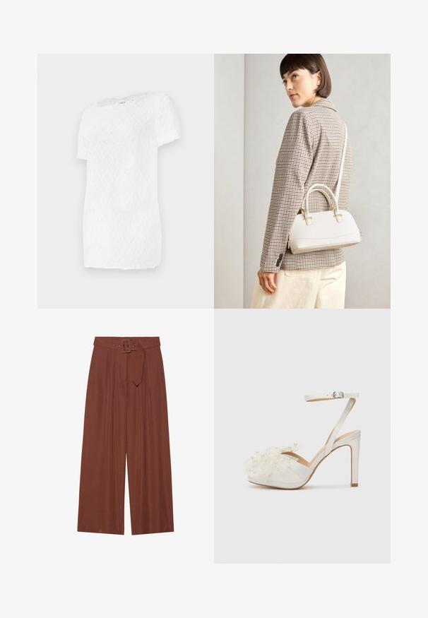 Weißes T-Shirt mit kurzen Ärmeln, das ein strukturiertes Rautenmuster und einen runden Halsausschnitt aufweist, aus leichtem Material hergestellt.; Braune Weitbeinehosen aus Stoff, mit einem Gürtel mit eckiger Schnalle, gefältetem Design und glatter Textur.; Weiße High-Heels-Sandalette mit einem Tüllrüschchen und Perlenakzenten; ausgestattet mit einem Knöchelriemen und einem runden Zehendesign, glatte Oberfläche.; Weiße strukturierte Handtasche mit kurzen Griffen und einem Schultergurt, ausgestattet mit goldfarbenen Hardware-Elementen und strukturiertem Material, vor einem grauen Hintergrund präsentiert.