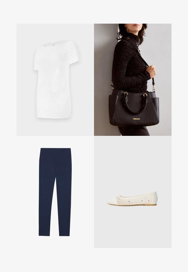 Camiseta blanca de manga corta con un patrón de diamante texturizado y un escote redondo, fabricada en un tejido ligero.; Pantalones azul marino fabricados con un tejido suave, con un diseño de pierna recta y un frente plano. Sin patrones ni acentos visibles.; Bailarinas de punta afilada en cuero crema con parte superior transparente adornada con cristales. Suela suave para mayor comodidad, diseño minimalista.; Bolso negro con superficie texturizada, doble asa superior y correa para hombro ajustable. Presenta herrajes en tono dorado y bolsillos laterales.