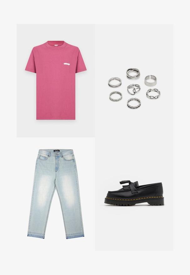 Rozā kokvilnas T-krekls ar klasisku apaļu kaklu. Satur mazu baltu "obey" logotipu kreisajā krūtī. Īsas piedurknes un taisna apakšmalam.; Pegador BARROW - Brīvi džinsi - sand washed blue; Melnas ādas mokasīni ar pērlītēm uzsvaru, ar masīvu melnu zoli un dzeltenu šuvumu gar malu. Ar teksturētu apdari.; Septi sudraba gredzeni ar dažādām dizaina iezīmēm, ieskaitot savītas, savienotas un iegravētas formas. Atšķirīgas formas un platumi.