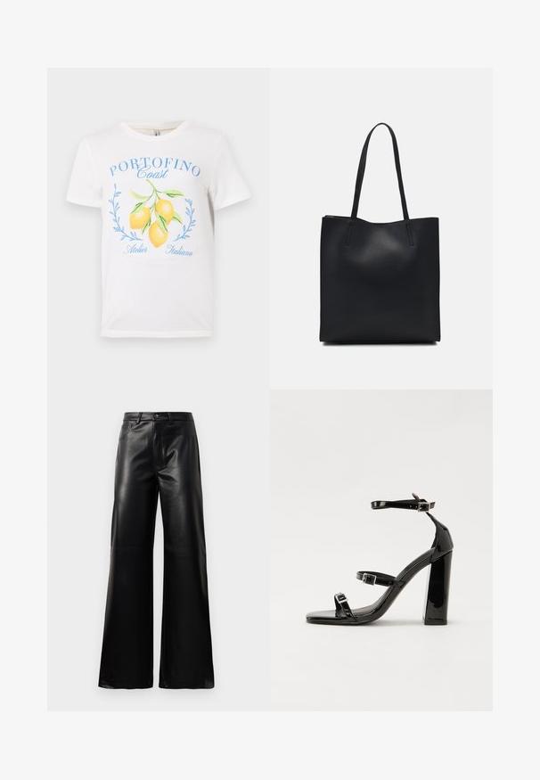 White cotton t-shirt featuring a colorful lemon graphic and blue text reading “PORTOFINO Coast” and “Atelier Italiano.” Classic crew neck design.; Black high-waist wide-leg faux leather pants with front button, zip closure, belt loops, and side pockets on white background.; Black patent heeled sandals with a square toe, ankle straps, and silver buckles. Features a chunky block heel for stability.; Black leather tote bag with smooth texture, rectangular shape, and two long handles. No visible hardware or embellishments.