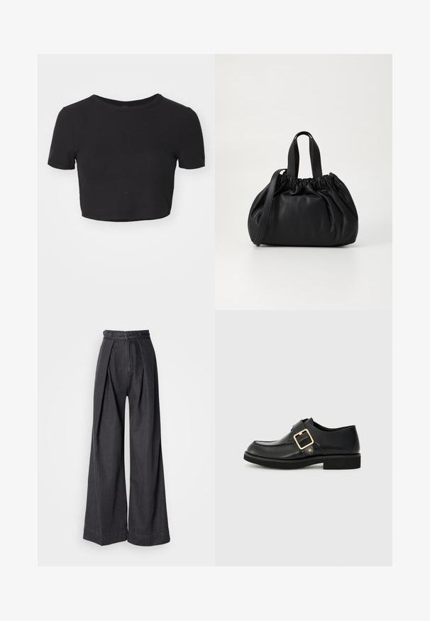 Juodas trumpas marškinėlis, pagamintas iš briaunoto audinio. Su trumpomis rankovėmis ir apvalia iškirpte. Minkšta tekstūra su prigludusia forma.; Plati juodų džinsų kelnės su aukštu liemeniu, su priekiniais raukiniais ir klasikiniais užtrauktukais. Tvirtas, lygus audinys su švariu apdaila.; Juodos odinės batų su apvaliu pirštu, su auksine sagtimi ir plokščiu guminiais padu. Lygus paviršius su subtiliais siuvimo akcentais.; Juoda odinė rankinė su susiraukšlėjusiu viršumi, su dviem trumpomis rankenėlėmis ir ilga reguliuojama juosta. Lygus paviršius, apvalios formos.