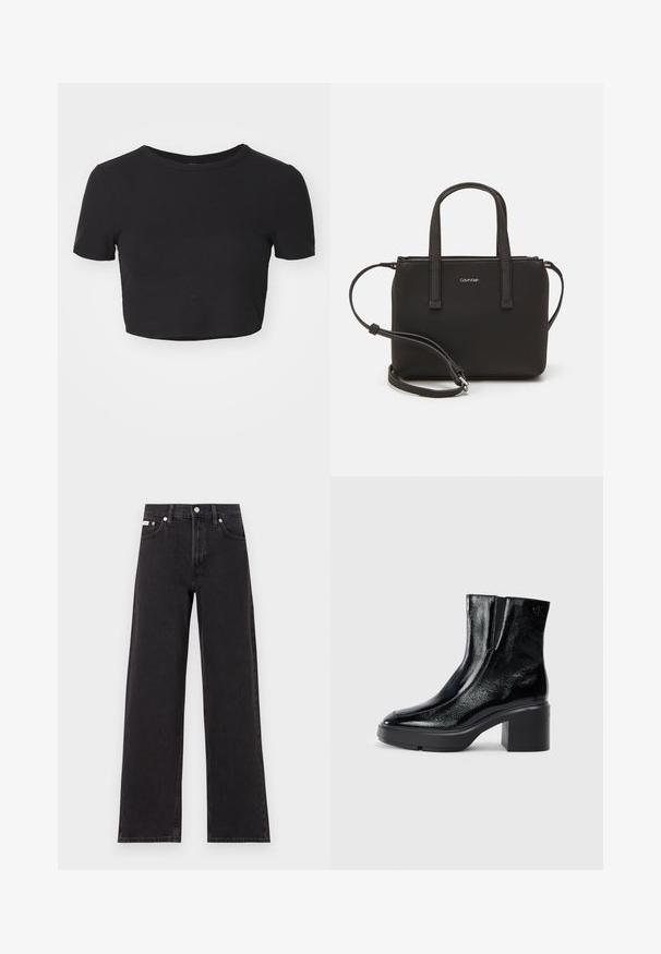 Juodas trumpas marškinėlis, pagamintas iš briaunoto audinio. Su trumpomis rankovėmis ir apvalia iškirpte. Minkšta tekstūra su prigludusia forma.; Juodos plačios kojų džinsai, pagaminti iš džinsinio audinio, su aukštu liemeniu, penkių kišenių stiliumi ir metaline sagte su kontrastingo siuvimo detalėmis.; Juodi lakiniai auliniai batai iki kulkšnies, su išlenktu pirštu, elastinėmis šoninėmis panelėmis ir masyviu blokuotu kulnu. Apdailoje užpakalinėje dalyje įspaustas logotipas.; Juoda rankinė su dviem trumpais rankenėlėmis ir nuimamu petį. Lygaus odos tipo medžiaga su užtrauktuku ir logotipo detale.