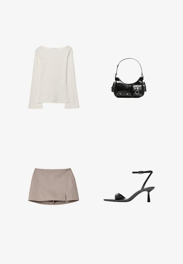 Bijela majica s dugim rukavima i brodskim dekolteom. Izrađena od mekanog materijala, ima raširene rukave i ravni rub, nudeći jednostavan i svestran dizajn.; Smeđa i bijela mini suknja s malim kariranim uzorkom i prorezom sprijeda, prikazana ravno na bijeloj pozadini.; Bershka Sandale s visokom petom - black; Crna patentna kožna torba s zakrivljenim oblikom, jednim remenom za rame, prednjim džepovima i akcentima od srebrnog tona.
