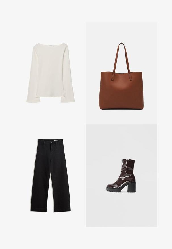 Weißes Langarmtop mit einem Boot-Ausschnitt. Hergestellt aus weichem Material, zeichnet sich durch ausgestellte Ärmel und einen geraden Saum aus und bietet ein einfaches und vielseitiges Design.; Schwarze weit geschnittene Jeans mit hoher Taille, ausgestattet mit Vorder- und Hintertaschen, gesteppten Nähten und einem Knopfverschluss. Glatte Textur.; Glatte bordeauxrote Ankle Boots mit einem klobigen schwarzen Absatz, die eine glatte Oberfläche und ein einfaches Design aufweisen. Keine sichtbaren Verschlüsse oder Muster.; Braune Leder-Tote mit glatter Textur, offenem Oberteil und zwei Schulterriemen. Verfügt über minimale Nähte und keine sichtbaren Beschläge.