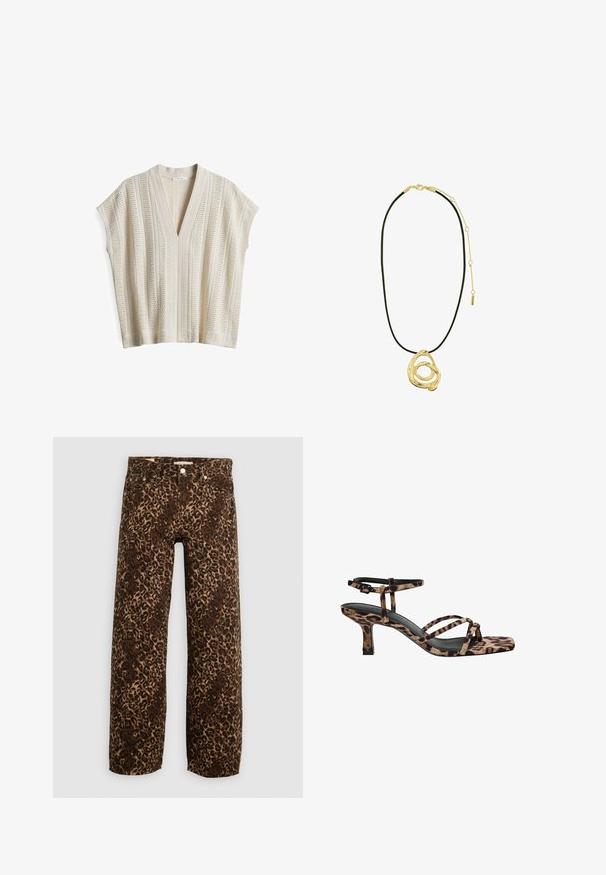 Hellbeige gestricktes Oberteil mit V-Ausschnitt, kurzen Ärmeln und vertikaler Streifenstruktur. Verfügt über eine offene Webart und gerippte Akzente.; Leopardenmusterweite Beinhosen in Braun und Beige. Hergestellt aus Denim, mit einem klassischen Fünf-Taschen-Design und Metallbeschlägen.; Leopardenmuster Absatzsandalen mit Quadratzehen, mehreren Riemen und einem mittelhohen Absatz. Hergestellt aus weichem Textilmaterial.; Pilgrim UNFOLD - Halskette - gold